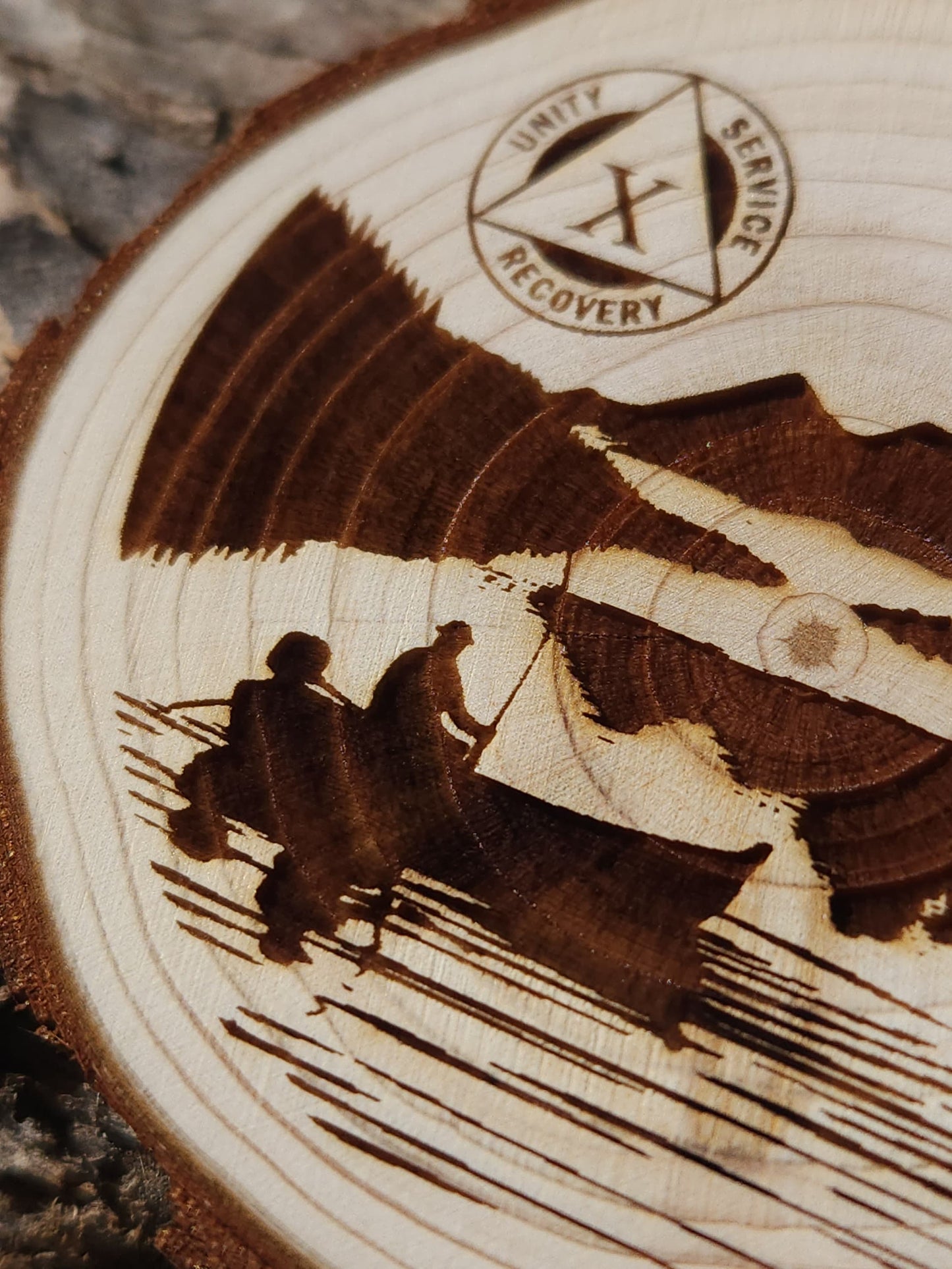 Lake Reflections Fishing recovery chip back with serenity prayer