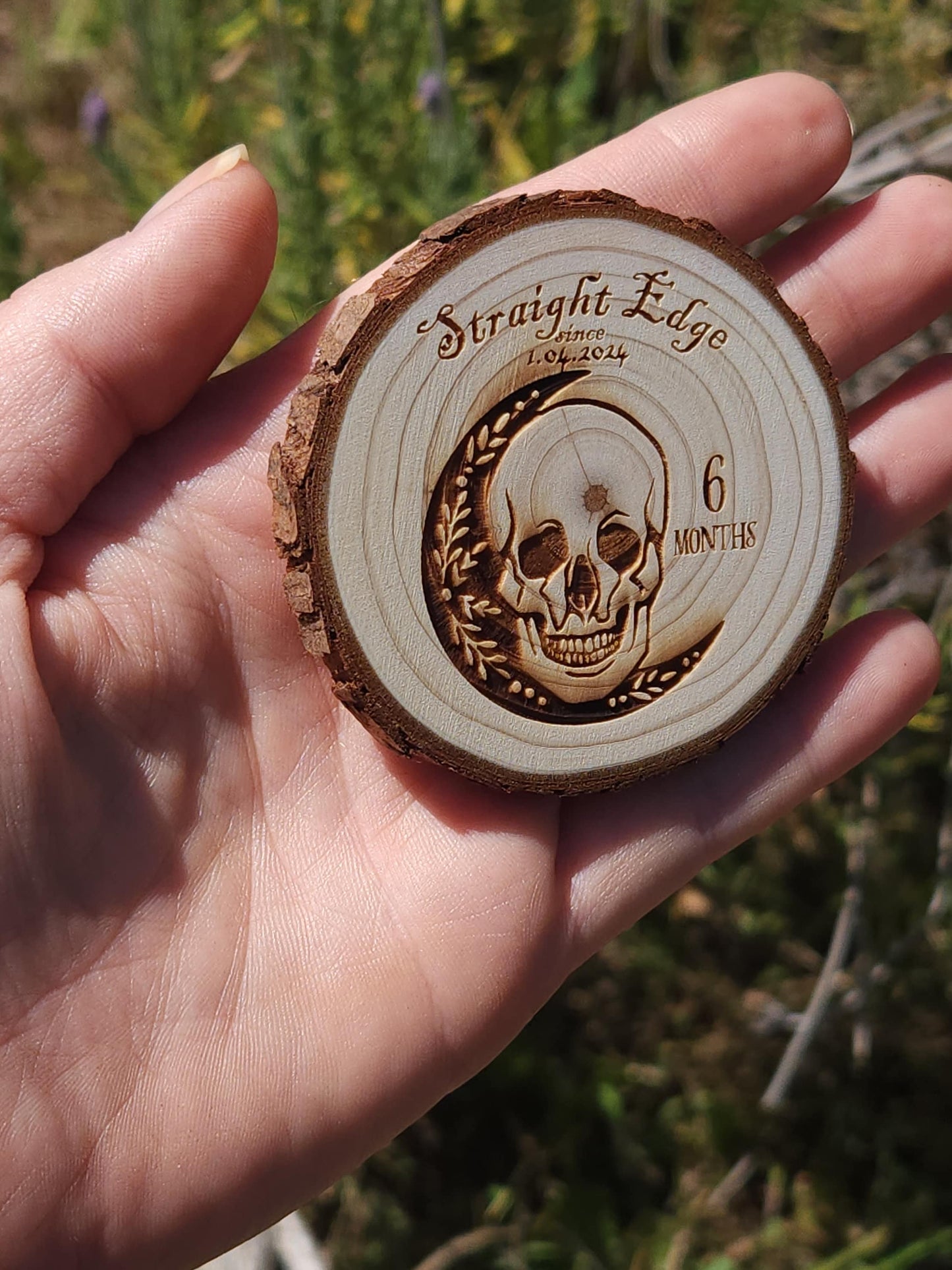 Straight Edge Skull recovery chip back with serenity prayer