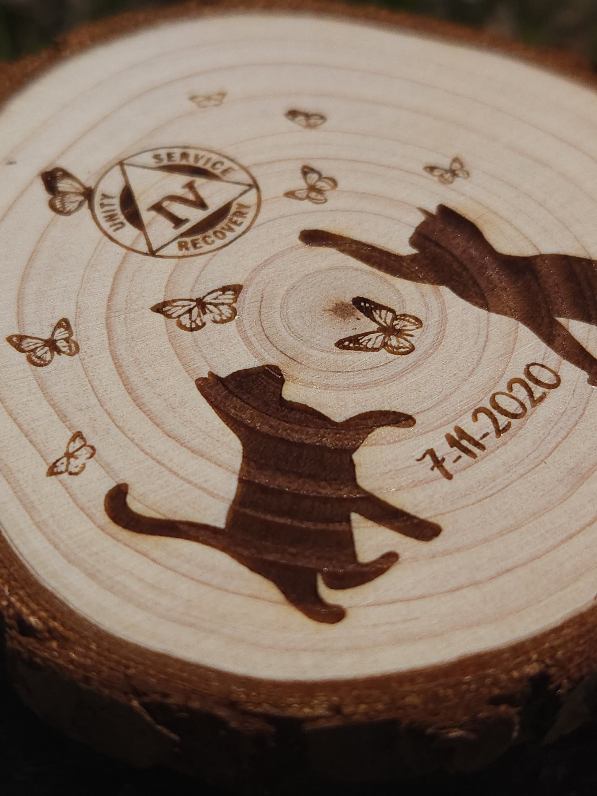 Playful Kitties personalized AA sobriety medallion front view