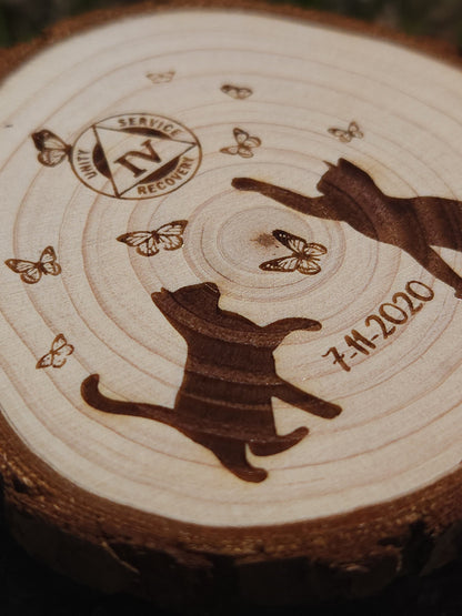 Playful Kitties personalized AA sobriety medallion front view