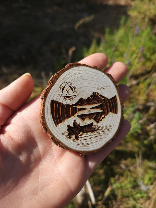 Lake Reflections Fishing personalized AA sobriety medallion front view