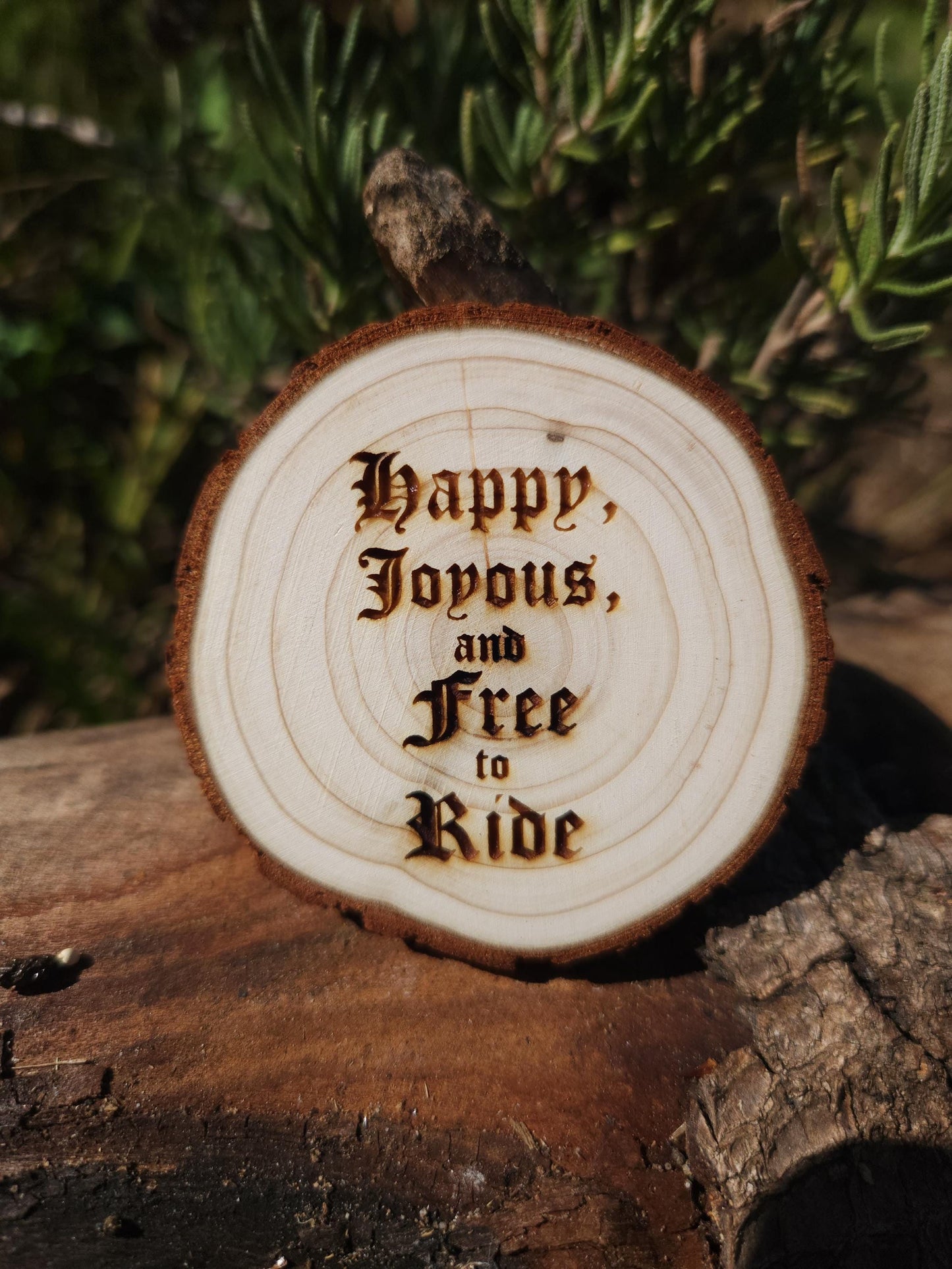 Free to Ride Biker Skeleton wood medallion natural grain detail