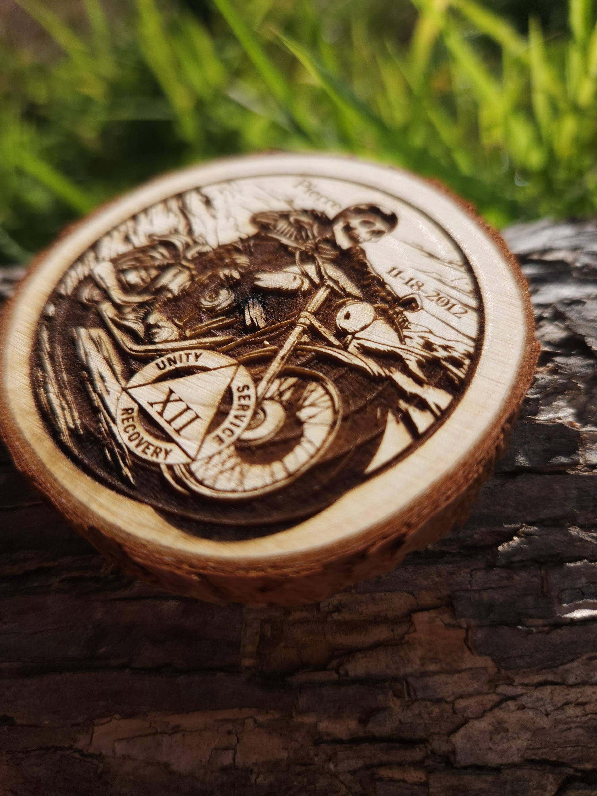 Free to Ride Biker Skeleton personalized AA sobriety medallion front view