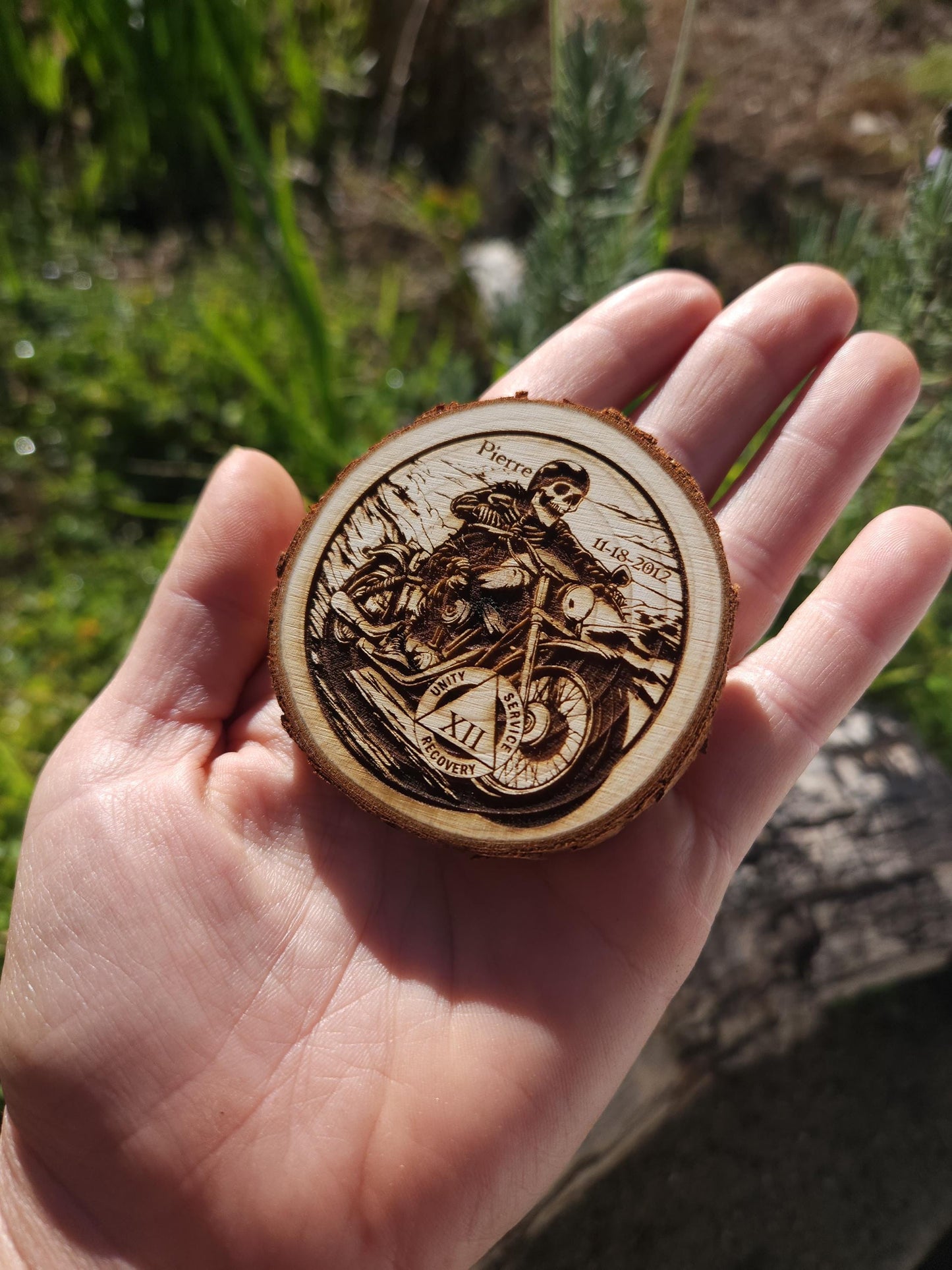 Free to Ride Biker Skeleton recovery chip back with serenity prayer