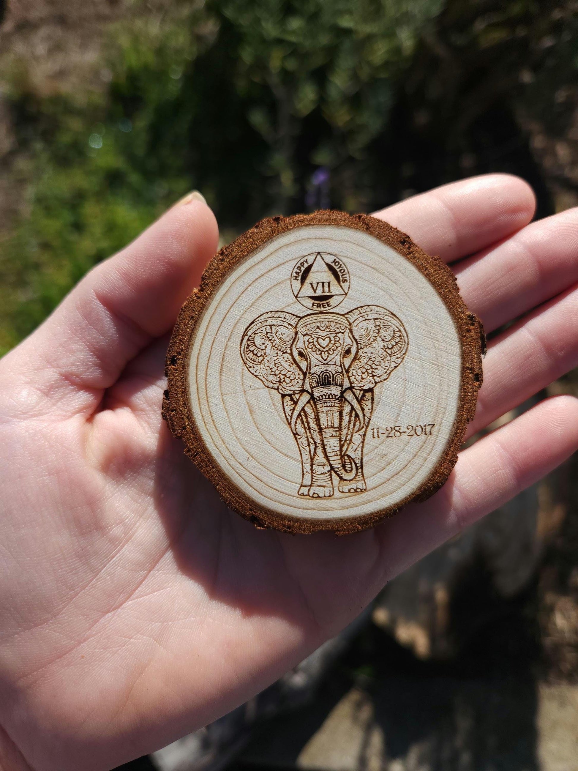 Elephant of Love recovery chip back with serenity prayer