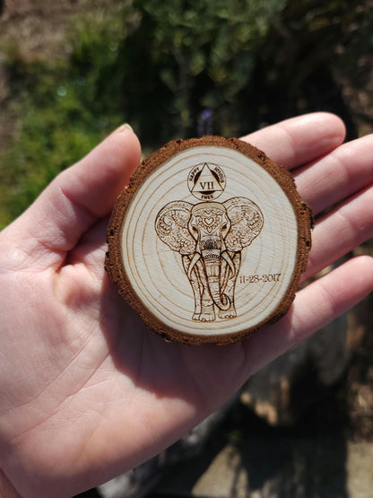 Elephant of Love recovery chip back with serenity prayer