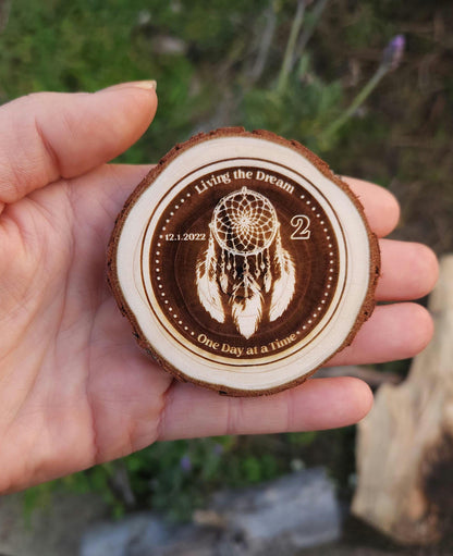 Living the Dream Dreamcatcher recovery chip back with serenity prayer