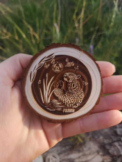 The Curious Leopard recovery chip back with serenity prayer