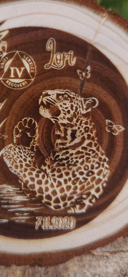 The Curious Leopard personalized AA sobriety medallion front view