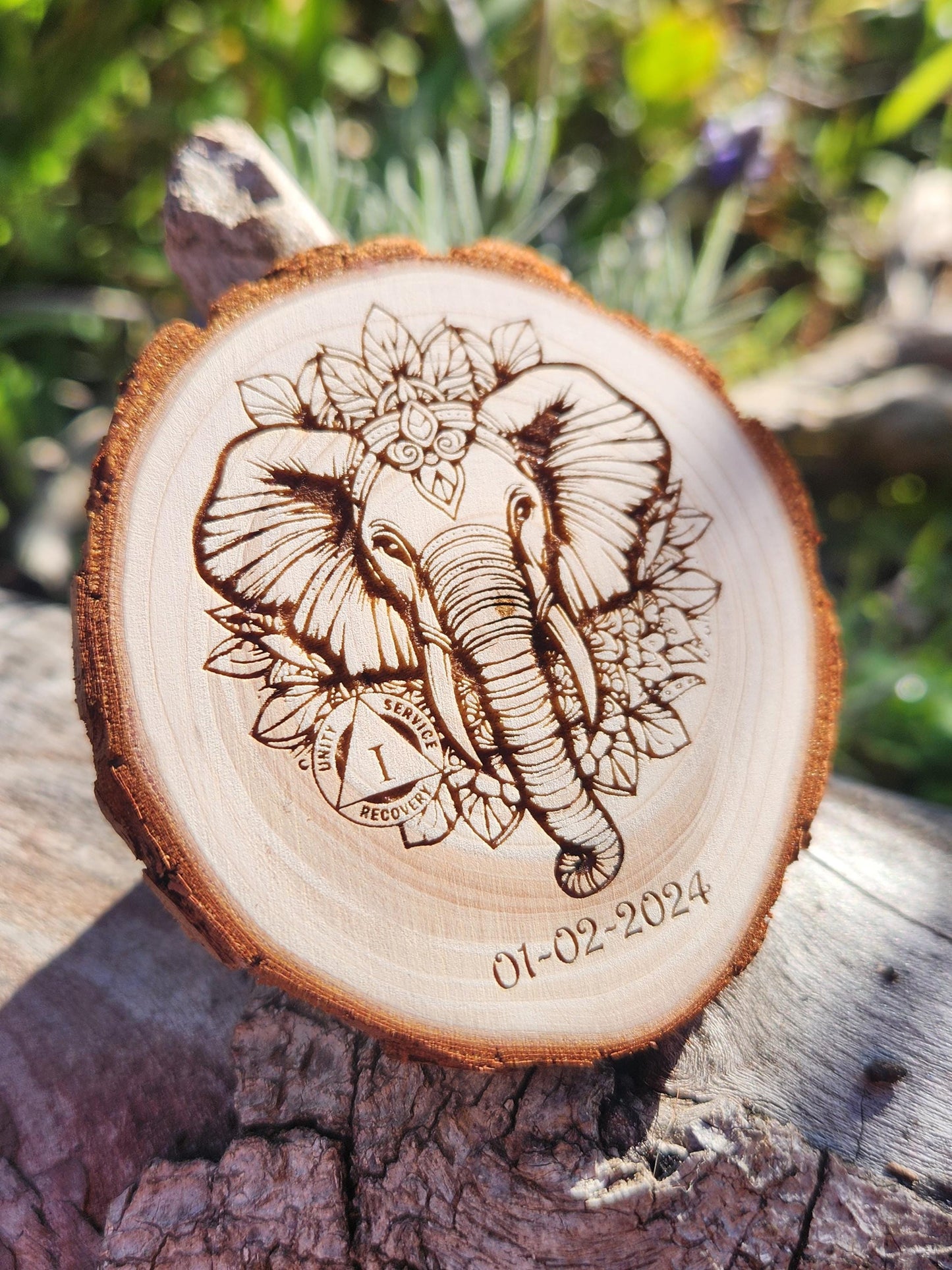 Elephant of Endurance recovery chip back with serenity prayer