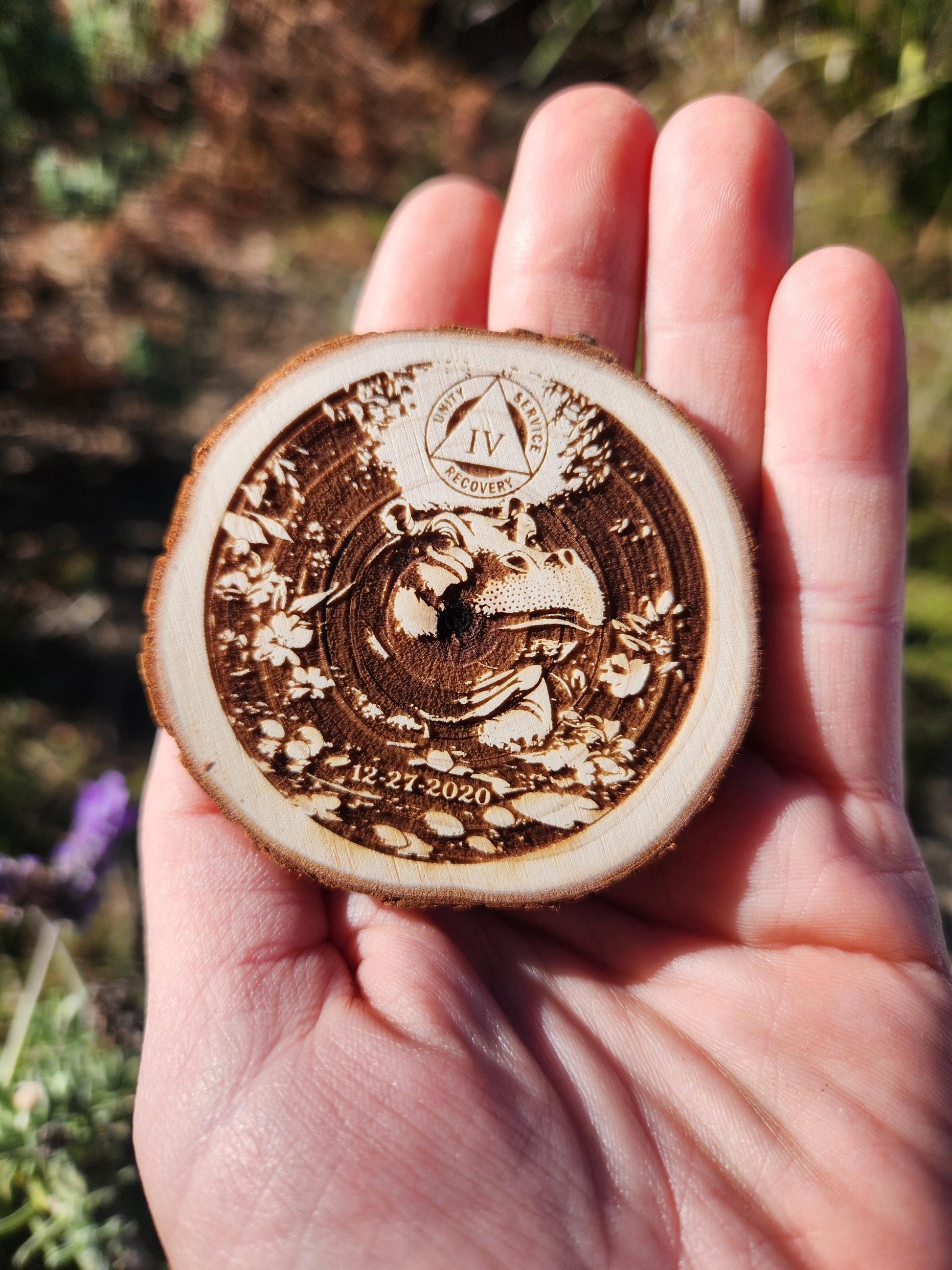 The Happy Hippo personalized AA sobriety medallion front view
