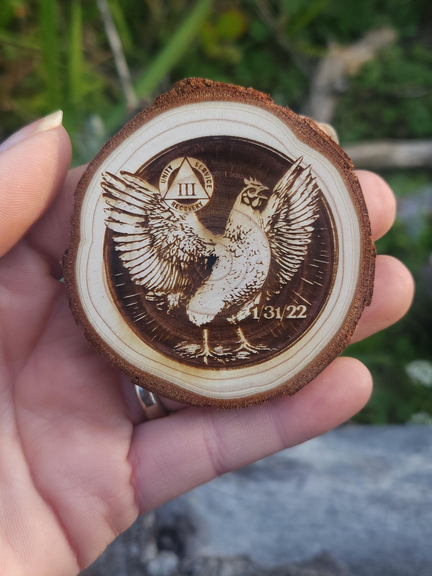 The "Balking" Chicken Funny recovery chip back with serenity prayer