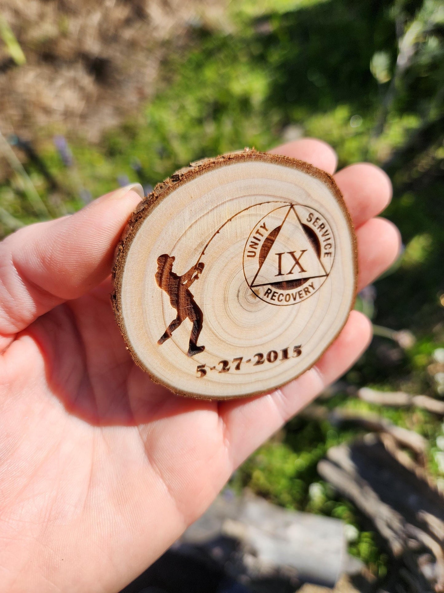 Great Catch! Fishing personalized AA sobriety medallion front view