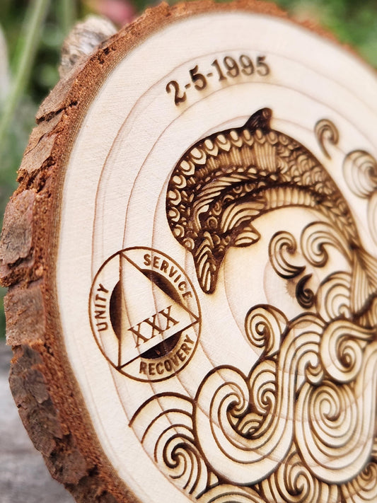 Joyous & Free Dolphin - Engraved Wood Slice Front Design