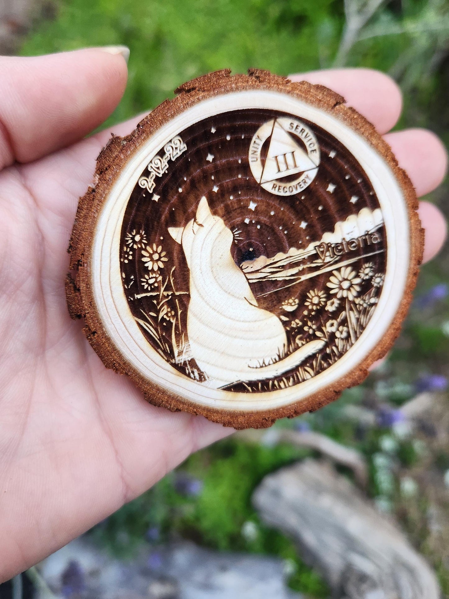 White Cat Dreams recovery chip back with serenity prayer