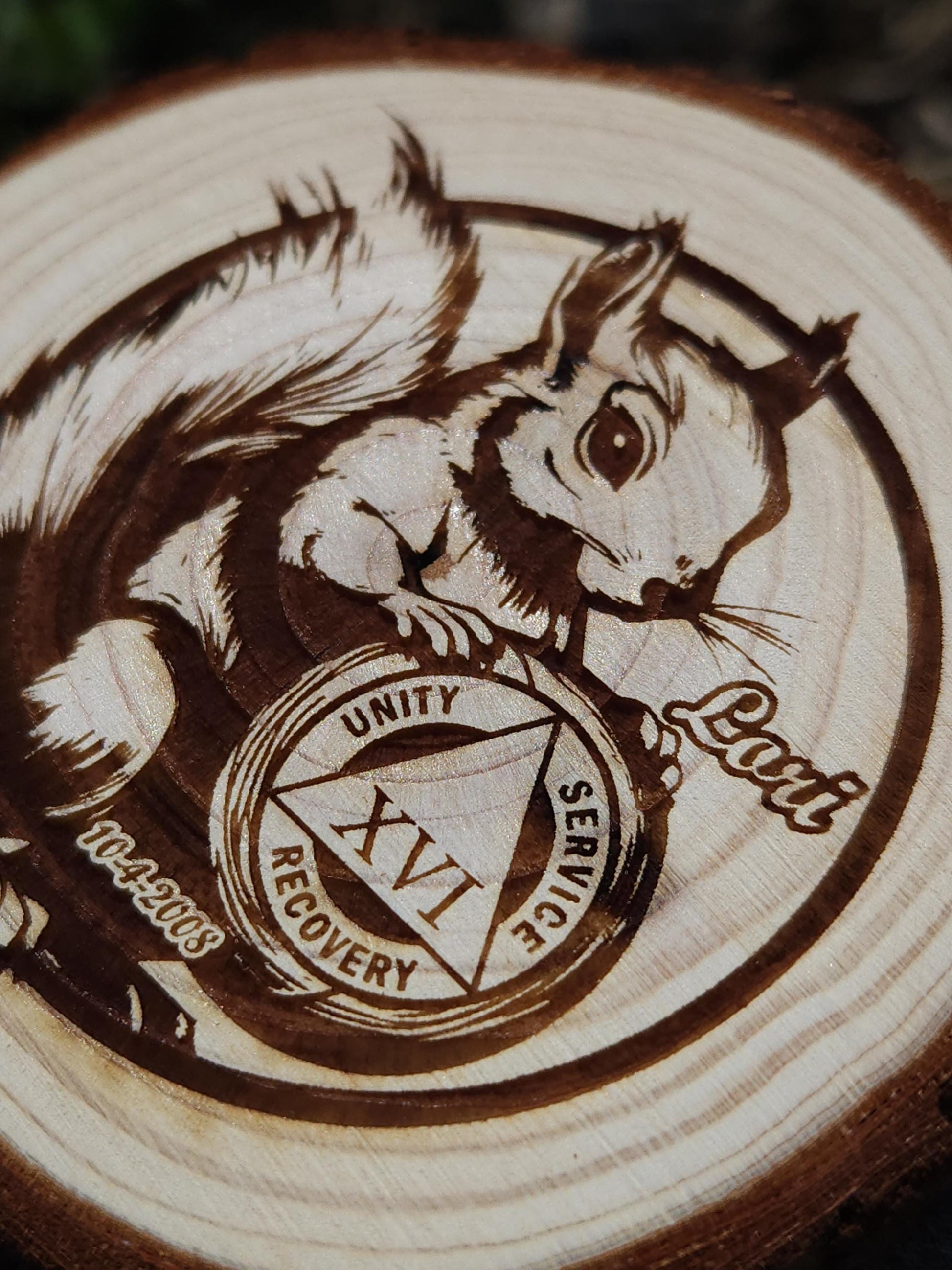 SQUIRREL!! personalized AA sobriety medallion front view