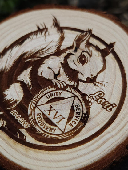SQUIRREL!! personalized AA sobriety medallion front view
