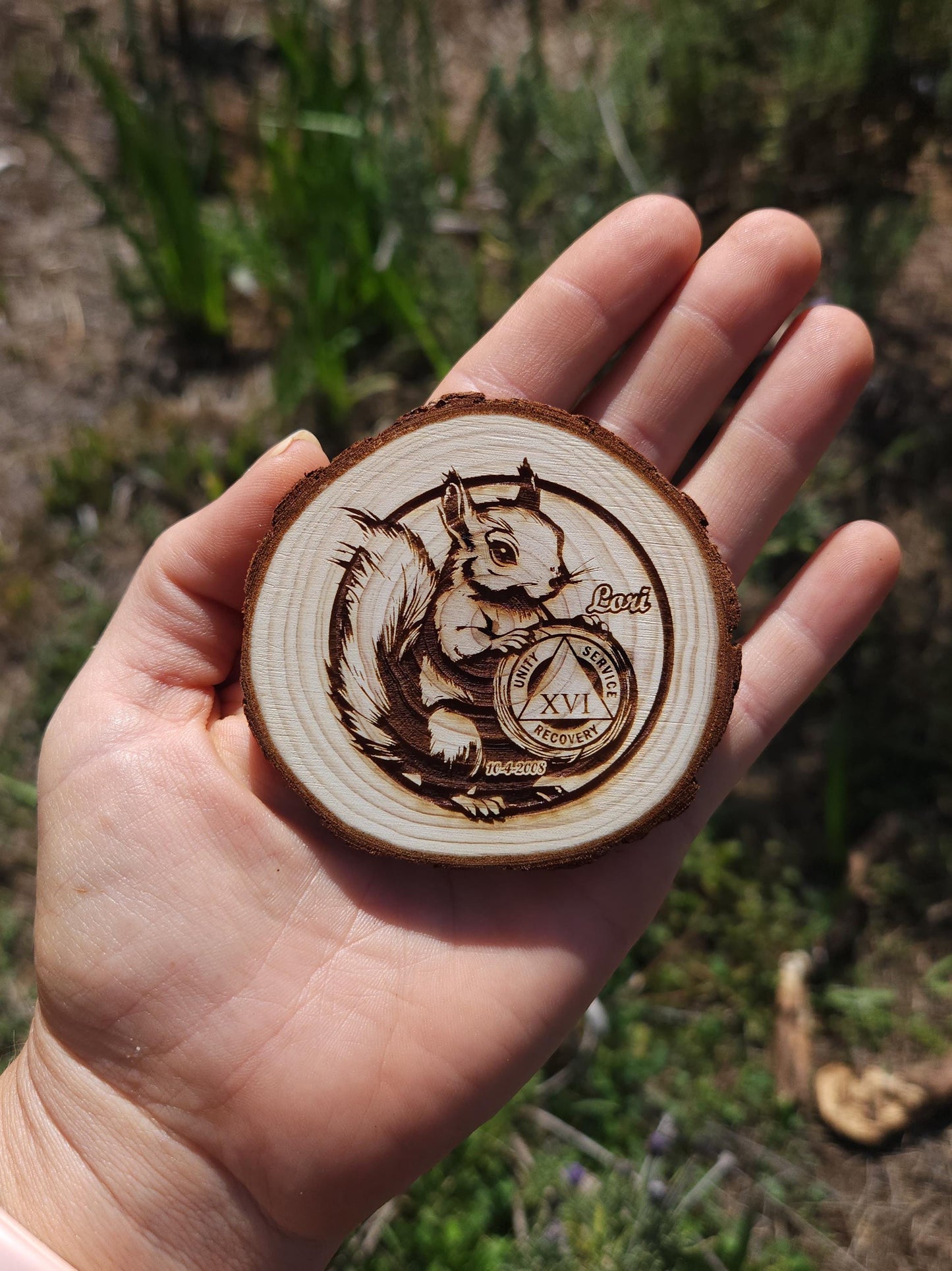 SQUIRREL!! recovery chip back with serenity prayer