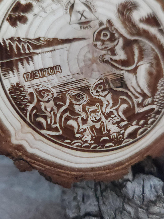 Happy Squirrel Family personalized AA sobriety medallion front view