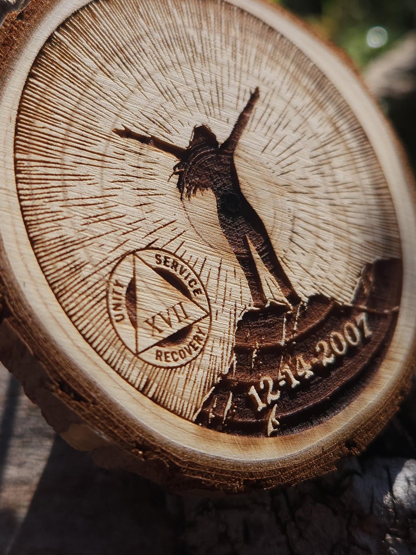 On Top of the World personalized AA sobriety medallion front view