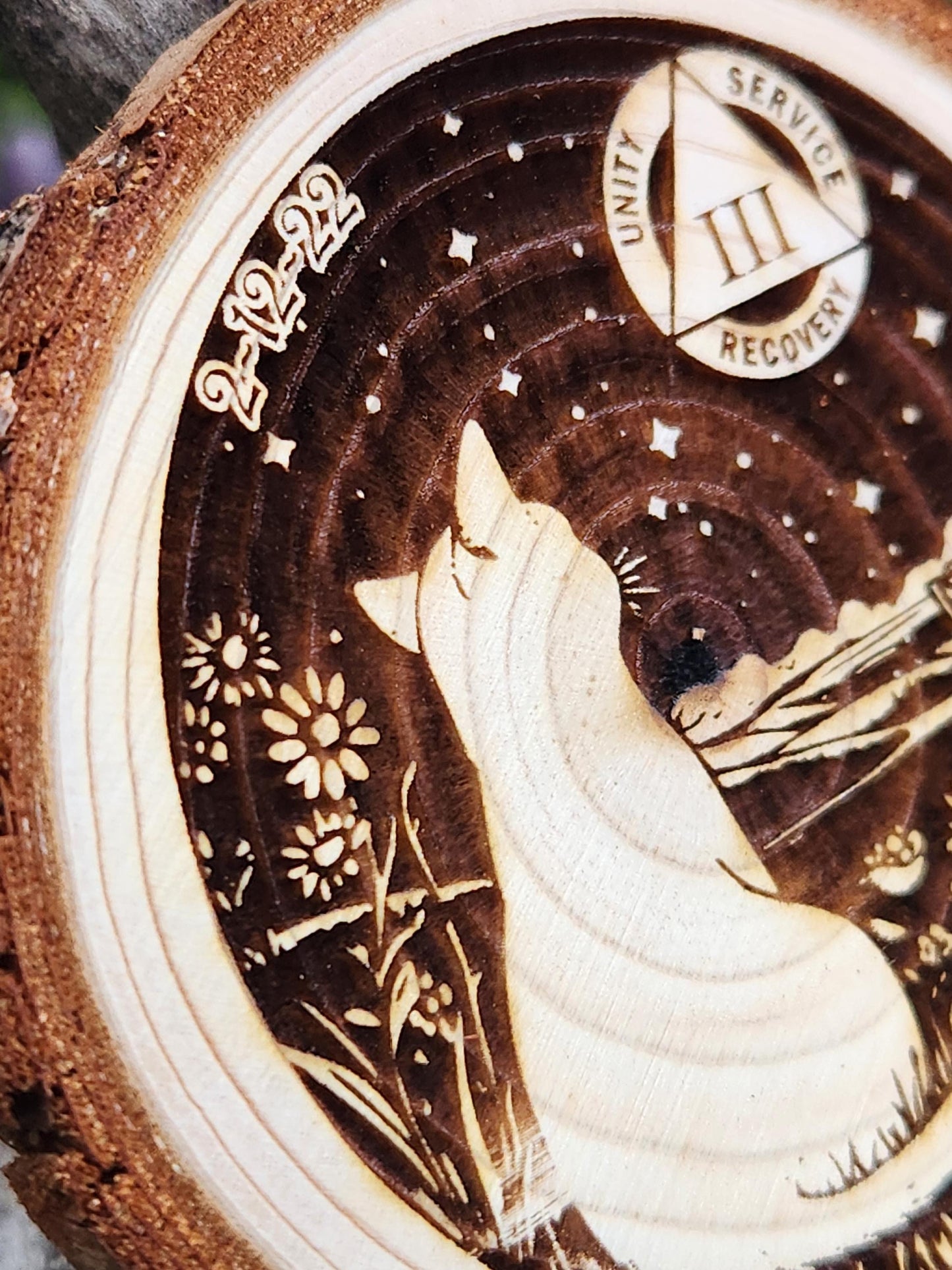 White Cat Dreams personalized AA sobriety medallion front view