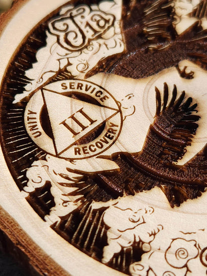 3 Ravens personalized AA sobriety medallion front view