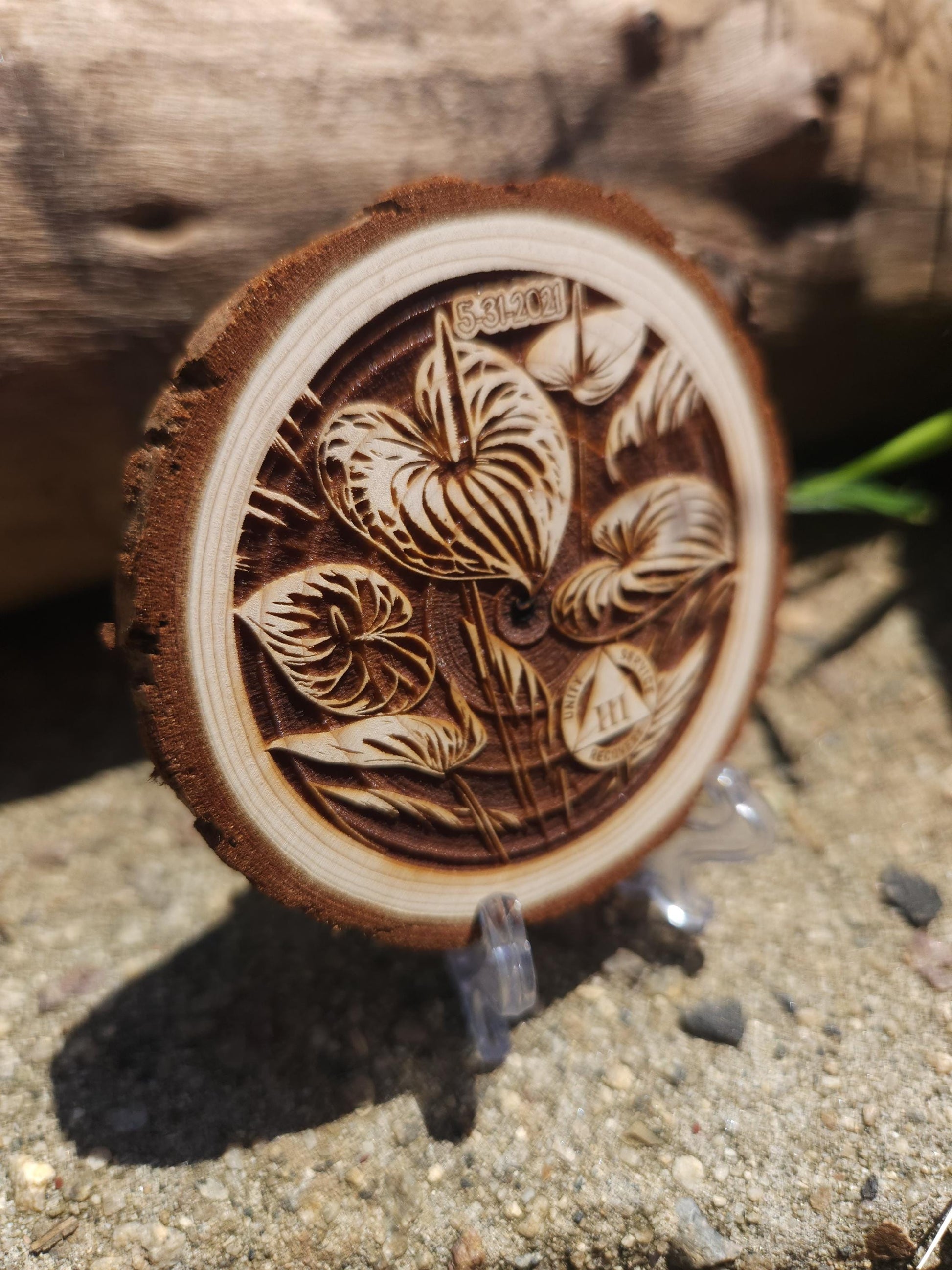 Peace Lily Anthurium personalized AA sobriety medallion front view