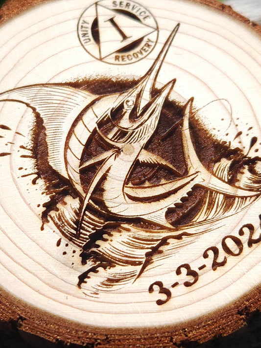 The Fighting Marlin Personalized - Engraved Wood Slice Front Design