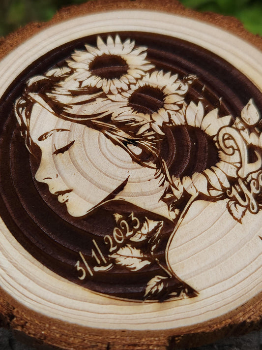 Sunflower Goddess - Engraved Wood Slice Front Design