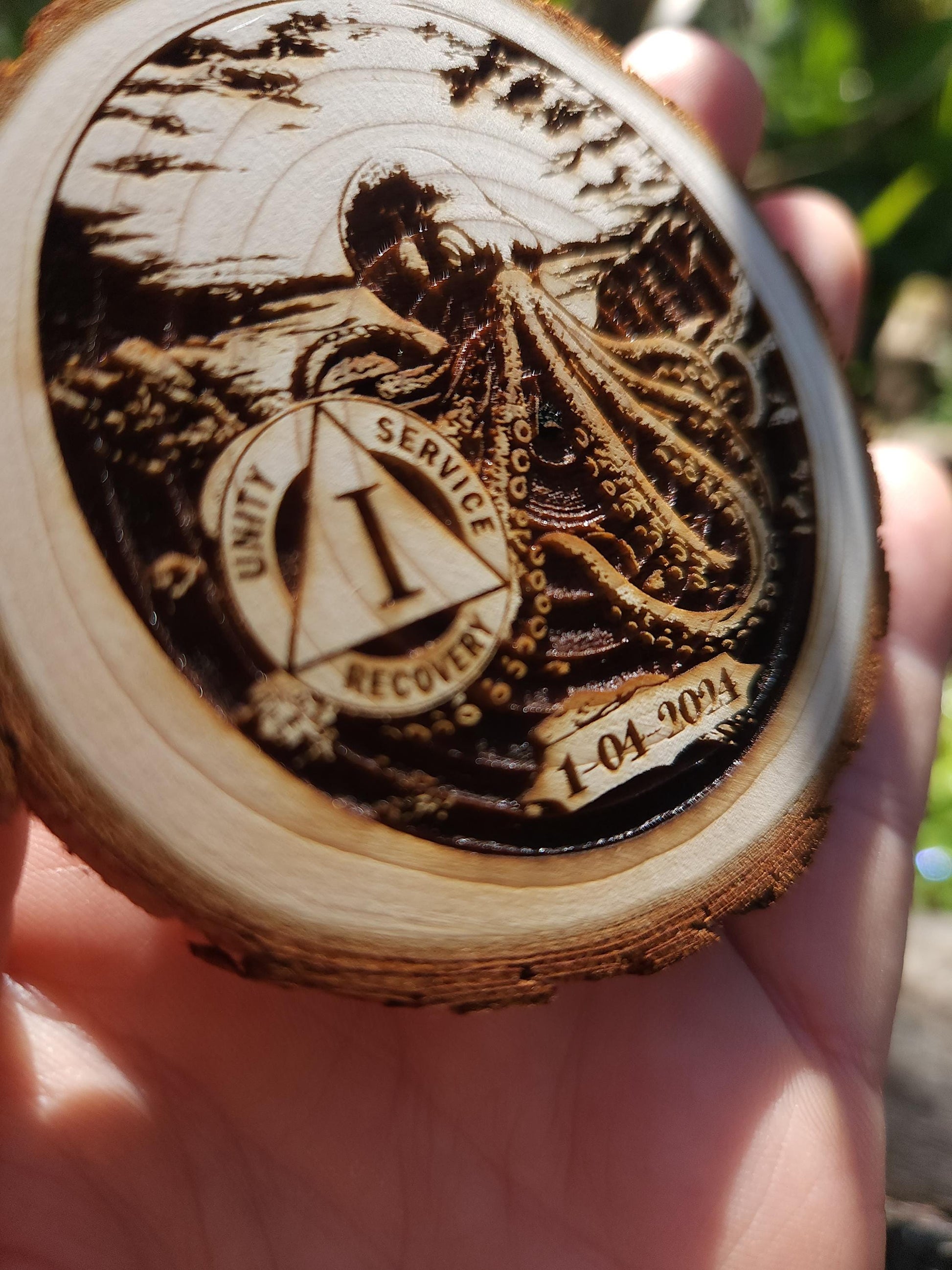 Octopus of Wisdom personalized AA sobriety medallion front view