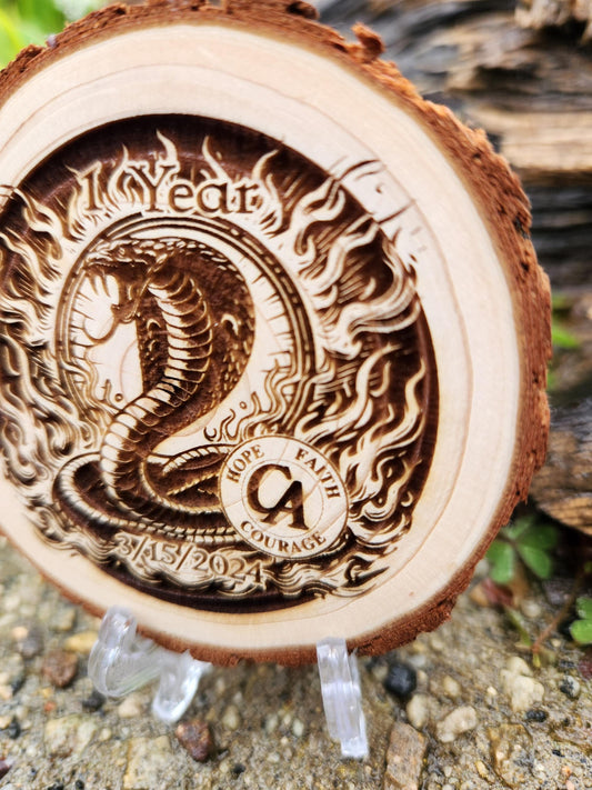 The Powerful Cobra personalized AA sobriety medallion front view