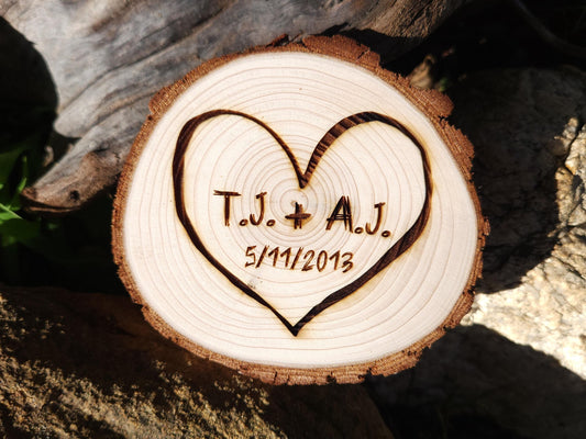 Custom Couple's Romantic Heart Rustic Wedding Gift Initials Engraved in a Tree Anniversary Cute Wood Carved Unique Present Table Decor - Engraved Wood Slice Front Design