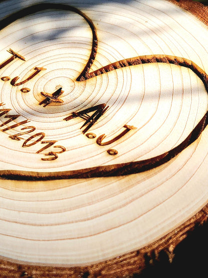 Custom Couple's Romantic Heart Rustic Wedding Gift Initials Engraved in a Tree Anniversary Cute Wood Carved Unique Present Table Decor - Personalized Milestone Medallion Detail