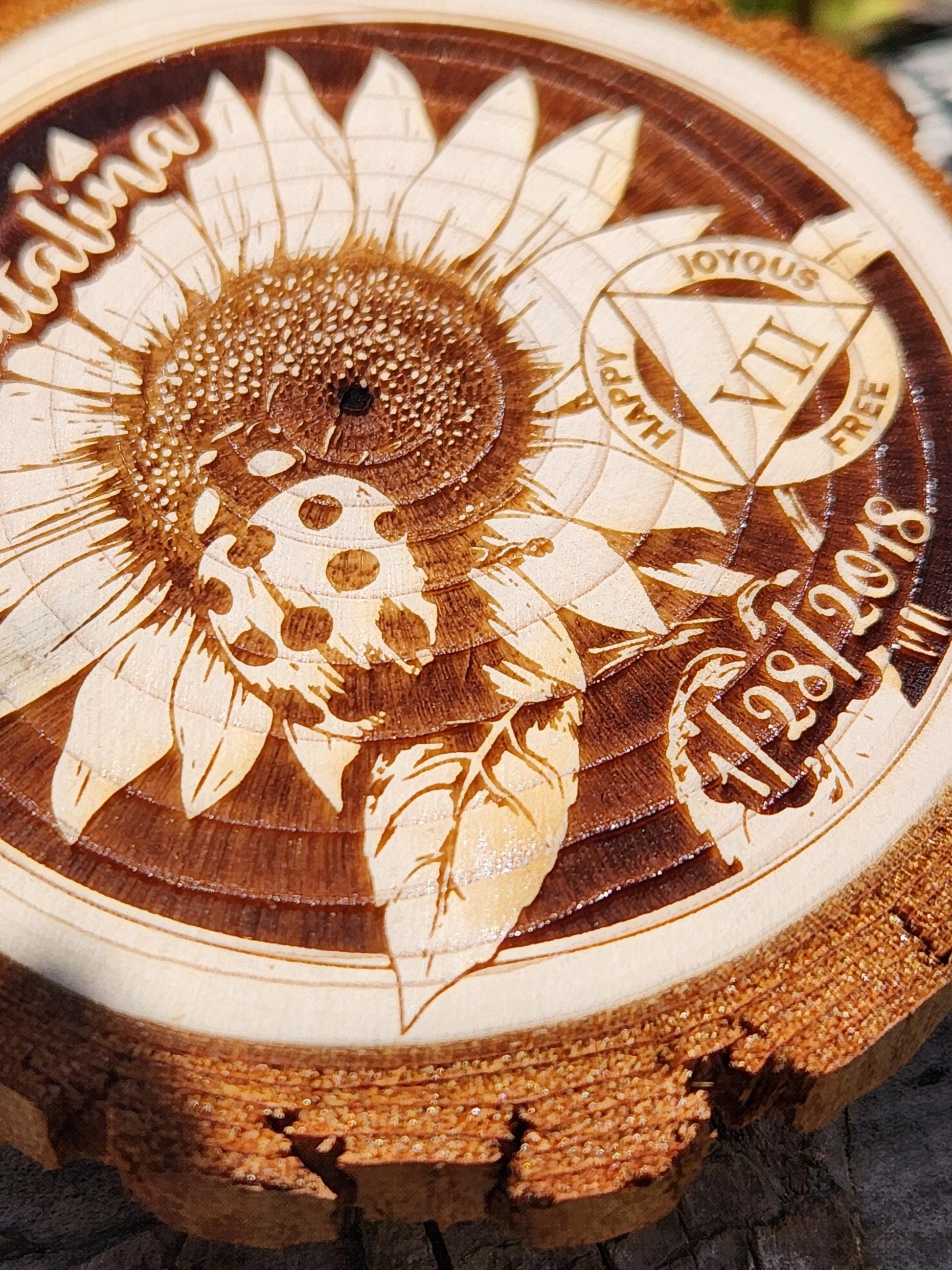 Ladybug Sunflower personalized AA sobriety medallion front view