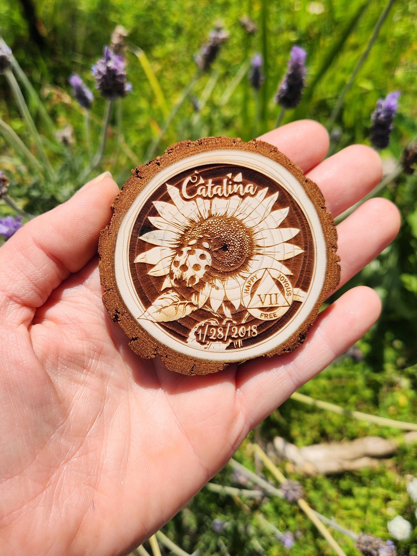 Ladybug Sunflower recovery chip back with serenity prayer