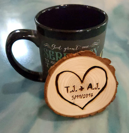 Custom Couple's Romantic Heart Rustic Wedding Gift Initials Engraved in a Tree Anniversary Cute Wood Carved Unique Present Table Decor - Handcrafted Sobriety Chip Design