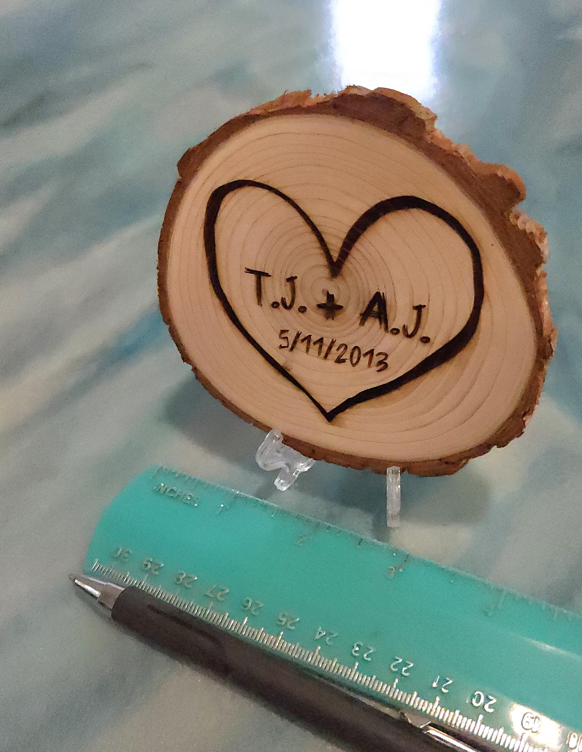 Custom Couple's Romantic Heart Rustic Wedding Gift Initials Engraved in a Tree Anniversary Cute Wood Carved Unique Present Table Decor - Natural Wood Grain Detail View