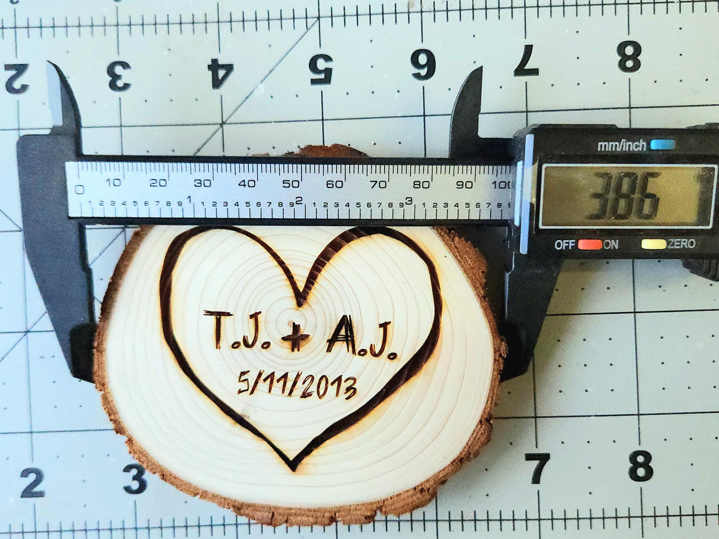 Custom Couple's Romantic Heart Rustic Wedding Gift Initials Engraved in a Tree Anniversary Cute Wood Carved Unique Present Table Decor - Custom Wood Token Close-Up View