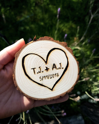 Custom Couple's Romantic Heart Rustic Wedding Gift Initials Engraved in a Tree Anniversary Cute Wood Carved Unique Present Table Decor - Engraved Wood Slice Front Design