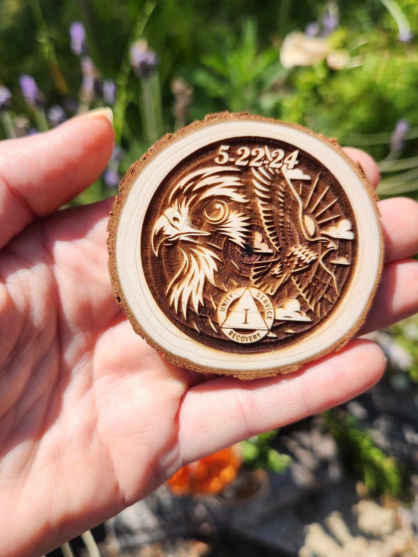 Spirit Hawk personalized AA sobriety medallion front view