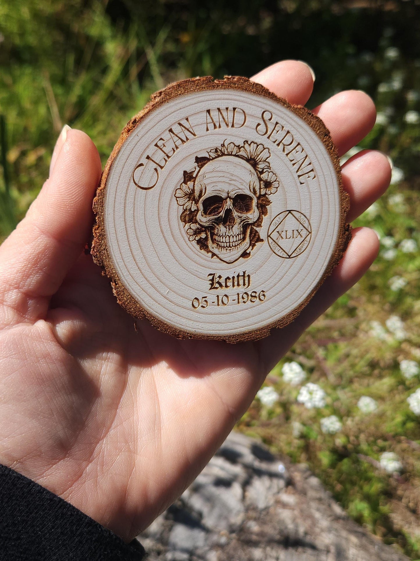 and Serene Smiling Skull Flowers NA personalized AA sobriety medallion front view