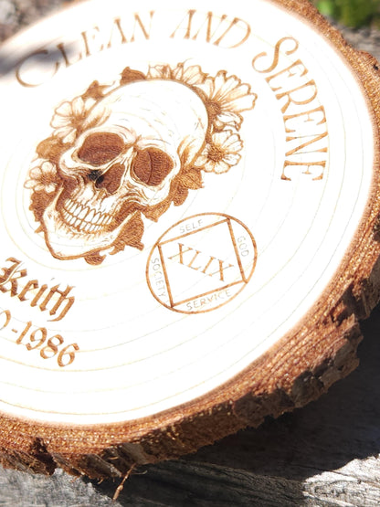 and Serene Smiling Skull Flowers NA recovery chip back with serenity prayer