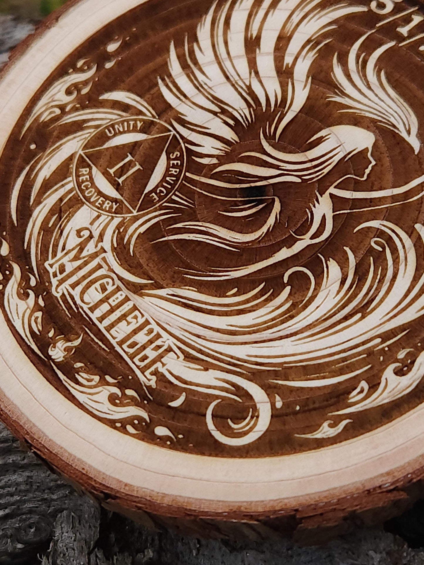 Phoenix Woman personalized AA sobriety medallion front view