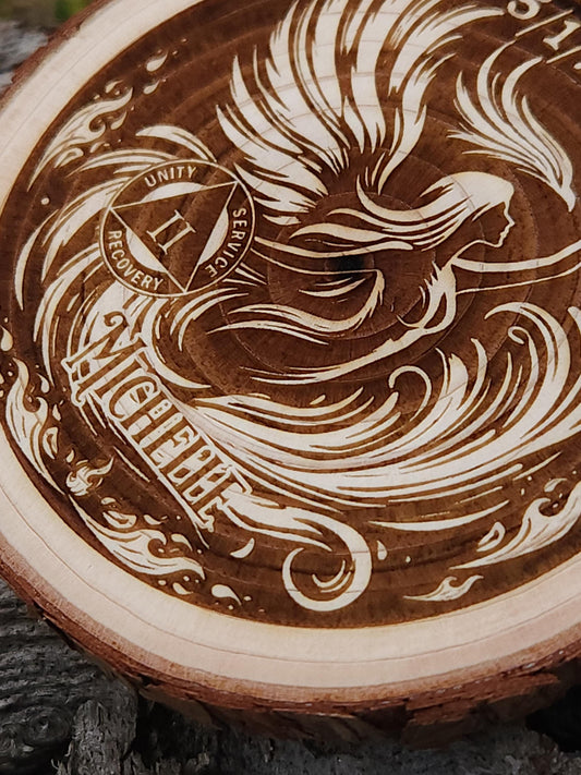 Phoenix Woman personalized AA sobriety medallion front view