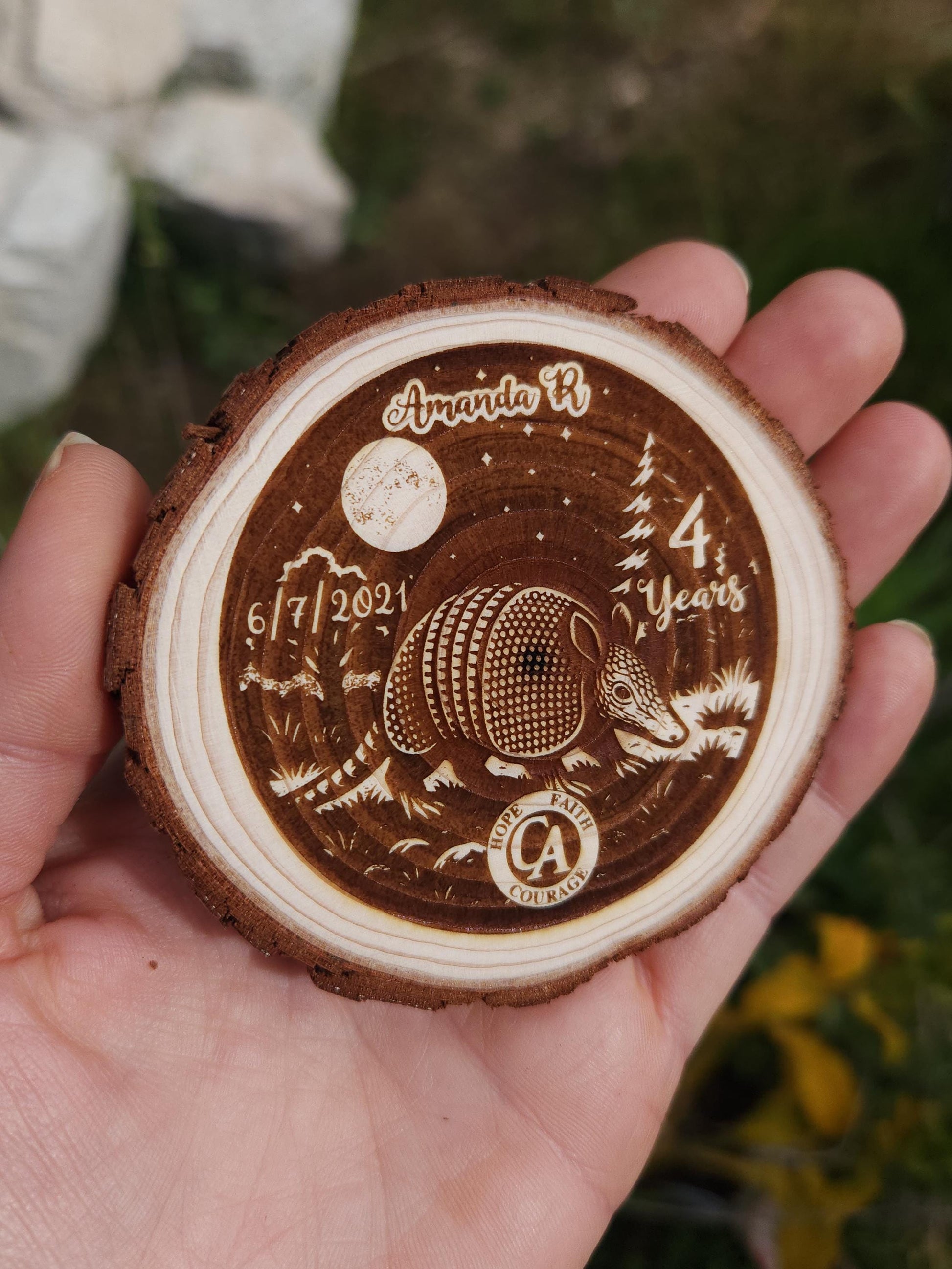 Armadillo recovery chip back with serenity prayer