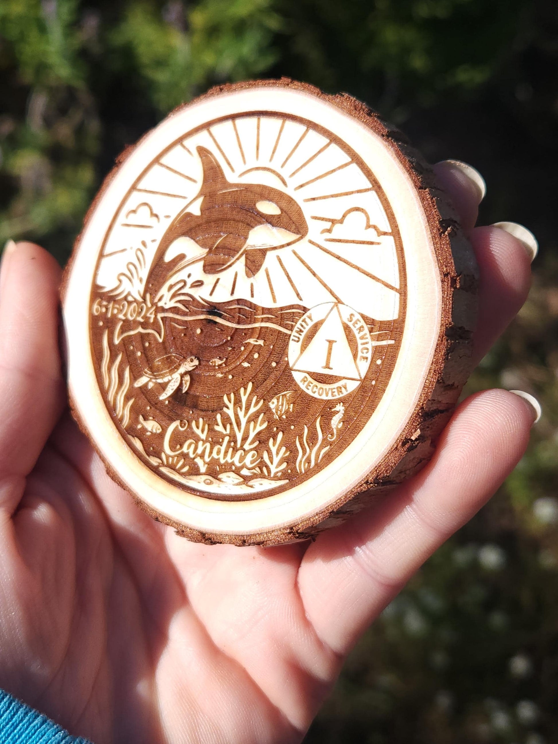 Orca personalized AA sobriety medallion front view