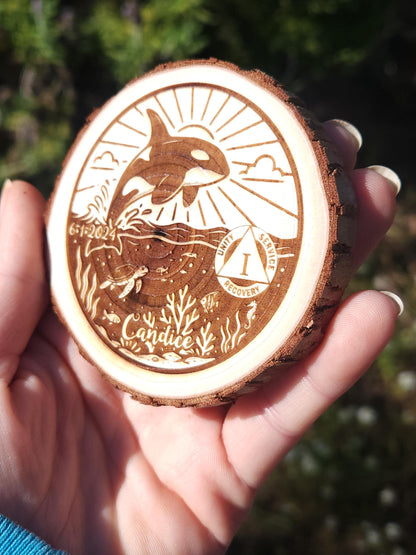 Orca personalized AA sobriety medallion front view