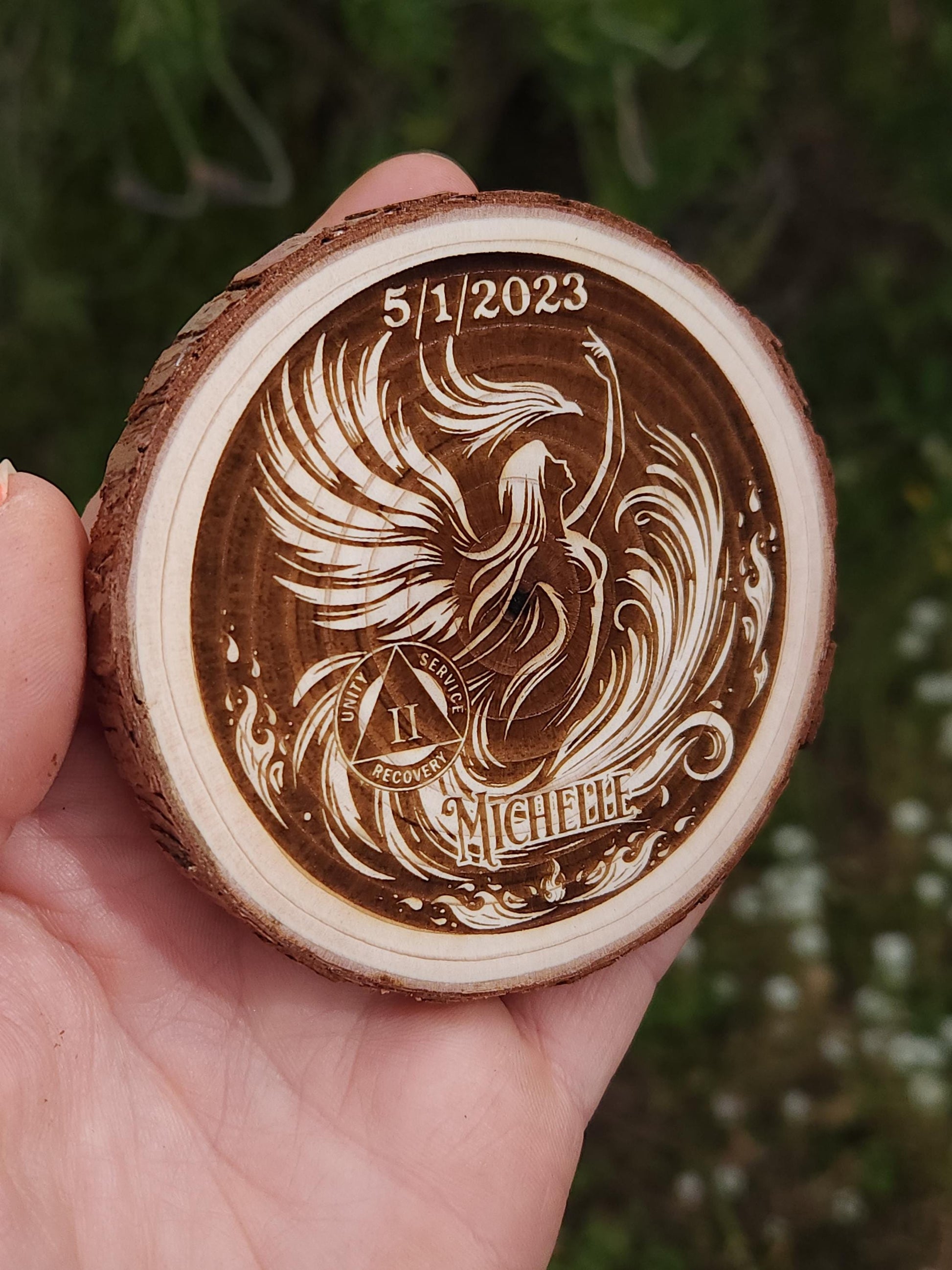 Phoenix Woman recovery chip back with serenity prayer