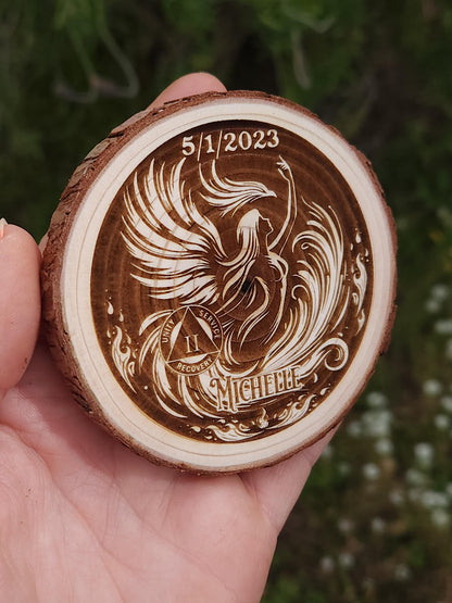 Phoenix Woman recovery chip back with serenity prayer