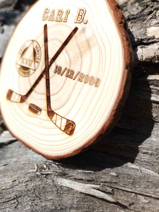 Hockey Milestone Medallion: Custom Engraved Achievement Milestone Medallion - Engraved Wood Slice Front Design